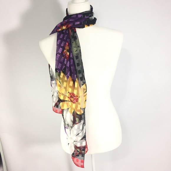 Scarf Multicolored Flowers Red Black Purple Yellow - Picture 3 of 15